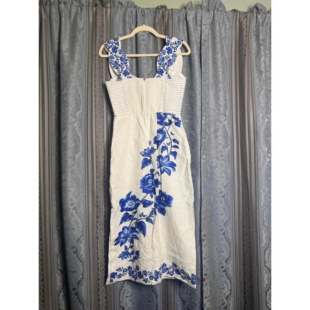 FARM Rio Off-White Floral Cascade Wavy Euroflax Premium Linen Midi Dress - Picture 8 of 10